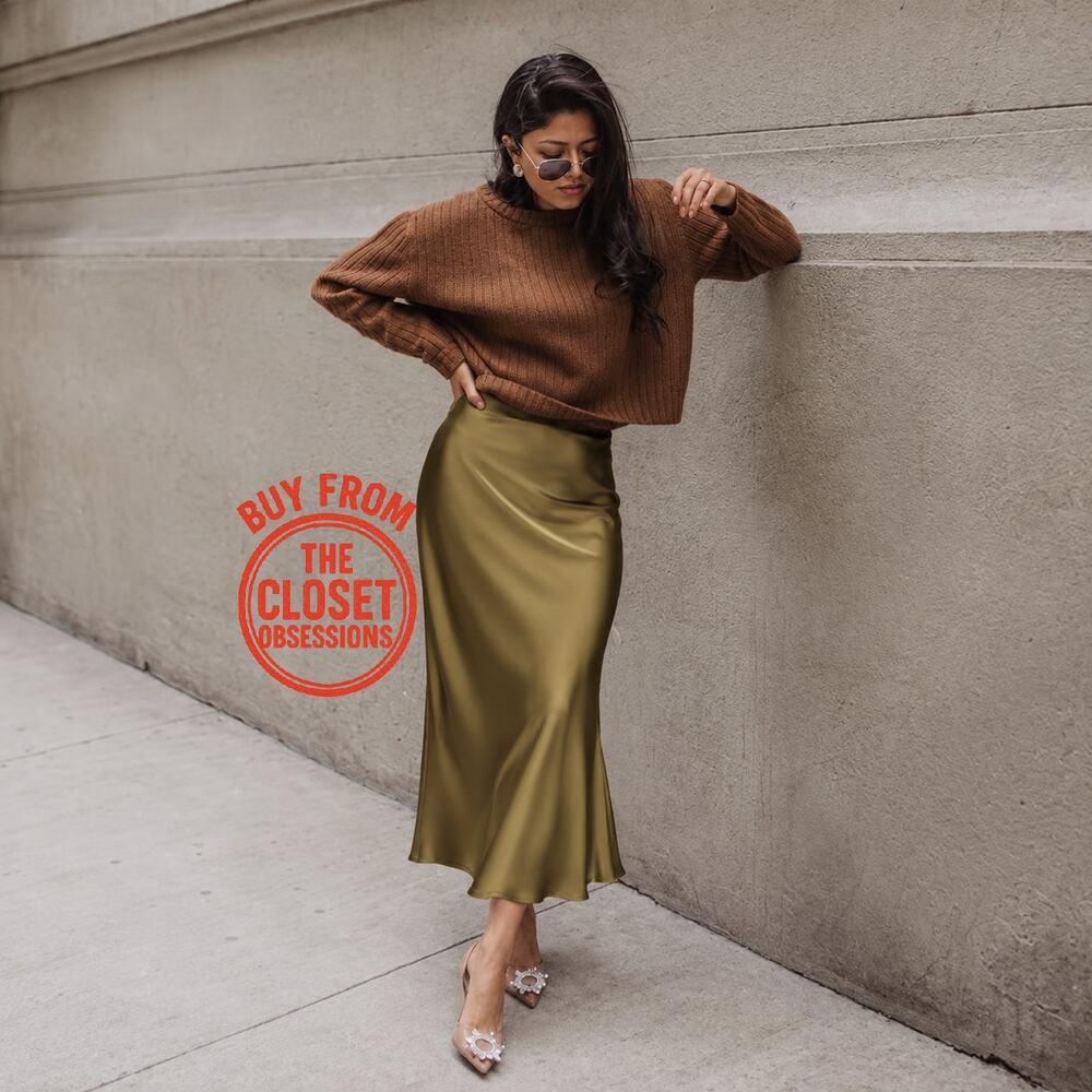 Zara NWT Olive Green Satin Slip Midi Skirt L